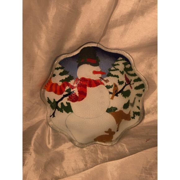 Peggy Karr Fused Glass Snowman Round Plate 8" Reindeer Winter Christmas 7.5" - Picture 5 of 7